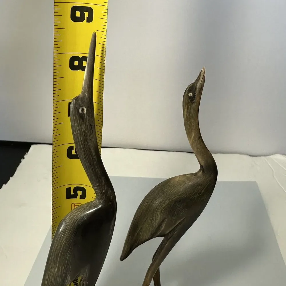 Pair Vintage Hand Carved Buffalo Horn Crane / Heron / Egret Figurines